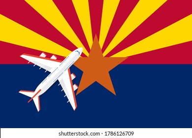 Vector Illustration of a passenger plane flying over the Arizona flag. Concept of tourism and travel
