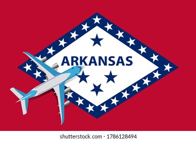 Vector Illustration of a passenger plane flying over the Arkansas flag. Concept of tourism and travel