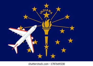 Vector Illustration of a passenger plane flying over the flag of Indiana. Concept of tourism and travel