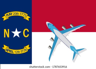 Ilustración vectorial de un avión de pasajeros que sobrevuela la bandera de Carolina del Norte. Concepto de turismo y viajes