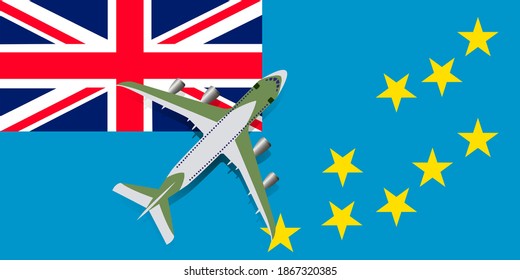 Vector Illustration of a passenger plane flying over the flag of Tuvalu.