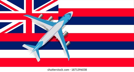 Vector Illustration of a passenger plane flying over the flag of Hawaii.