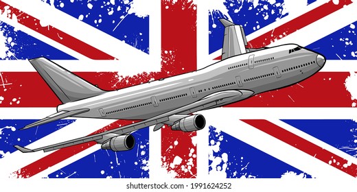 Vector Illustration of a passenger plane flying over the flag of great Britain.