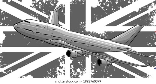 Vektorgrafik eines Passagierflugzeugs, das über die Flagge Großbritanniens fliegt.