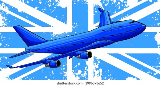 Vektorgrafik eines Passagierflugzeugs, das über die Flagge Großbritanniens fliegt.