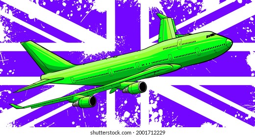 Vector Illustration of a passenger plane flying over the flag of great Britain.