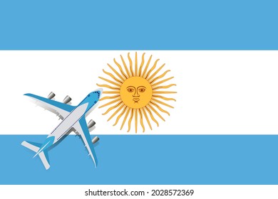 Vector Illustration of a passenger plane flying over the flag of Argentina. The concept of travel and tourism.