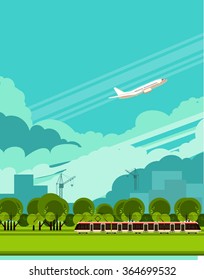 vector illustration of a passenger train outdoors in the sky among the clouds flying plane