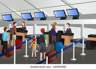 A vector illustration of passengers lining up at check-in counter