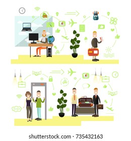 Vector illustration of passengers making reservation of online tickets, passing security checkpoint at airport terminal. Airport people symbols, icons isolated on white background. Flat style design.