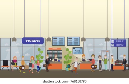 Vector illustration of passengers passing ticket control, security checkpoint at airport terminal. Tourists traveling by plane concept flat style design elements.