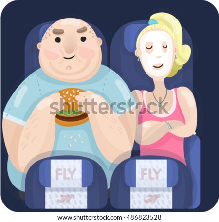 vector illustration the passengers in the plane during the flight, eating burger and face masc.
