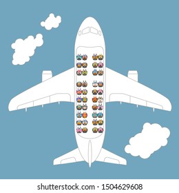 Vector illustration. Passengers are sitting on the plane. Top view.