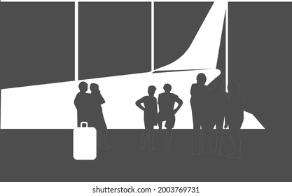 Vector illustration of passengers standing at the airport. People are standing in the building and looking out of the windows at the plane. Isolated image on a white background.