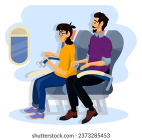 Vector illustration of passengers which fasten their seat belts in a cabin on a plane during the flight.