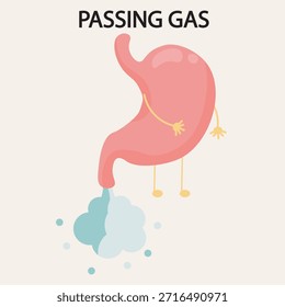 Ilustración vectorial de pasar gases, destacando síntomas como distensión abdominal, calambres, olor y presión, además de afecciones similares como el síndrome del intestino irritable, intolerancia a la lactosa e indigestión