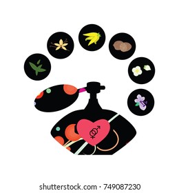 vector illustration of passion boosting perfume bottle with male and female signs and icons for most sensual natural aromas patchouli nutmeg jasmine and mint