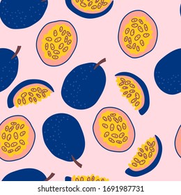 Vector illustration of passion fruit. Hand drawn vector with print passion fruit. Fresh juicy summer print. Seamless pattern