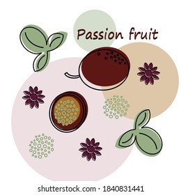 Vector illustration of passion fruit. Outline passion fruit with leaves for posters, logos, labels, banners, stickers, product packaging designs