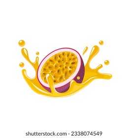 Vector illustration, passion fruit or Passiflora edulis, with splashes of juice, isolated on white background.