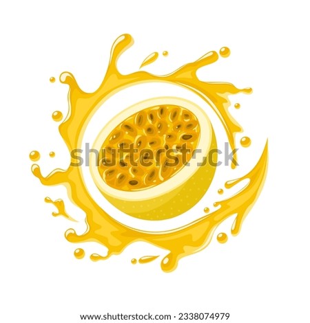 Vector illustration, passion fruit or Passiflora edulis, with splashes of juice, isolated on white background.