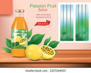 vector illustration passion fruits juice ad design template,include passion fruits juice bottle and passion fruits leaves with passion fruits.use for natural fresh juice advertising poster.