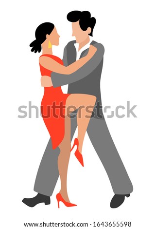 Vector illustration with a passionate couple who dance tango in flat style. A sexy woman in a high heeled dress and a man in a gray suit are dancing together. Brunette and brunette froze in a beautifu