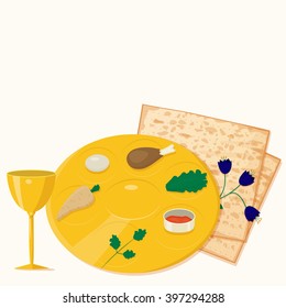 Vector illustration of passover seder plate with matzoh and wine.