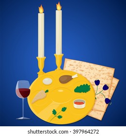 Vector illustration of passover seder plate with matzoh and wine on blue background.