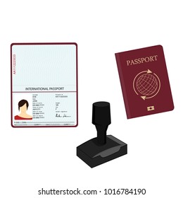 Vector illustration passport with biometric data. Identification Document and stamp.  international passport template with sample personal data page