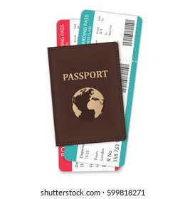 The vector illustration of the passport and the boarding passes in it isolated on white.