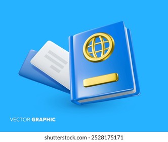 Ilustração vetorial de passaporte com capa de couro brilhante, globo dourado sinal e bilhete de avião no fundo azul cor. Design de desenho animado estilo 3d de documento de id com bilhete e sombra para site de viagem