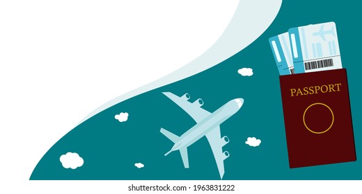 Vektorgrafik eines Reisepasses mit zwei Tickets. In der Nähe ein Flugzeug mit Wolken
