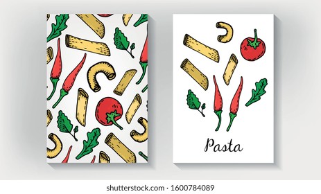 Vector Illustration of Pasta card template with spices, greens, tomato and peppers