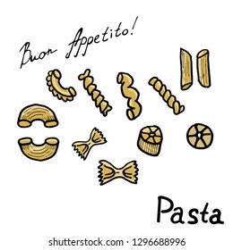 Vector illustration of pasta in a hand-drawn style. Doodle Italian pasta for menurestore, cafe bar.