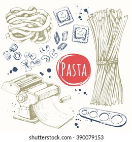 Vector illustration with pasta machine, ravioli. Sketch design. Set in sketch style. Italian homemade traditional food on white background. 