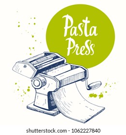 Vector illustration with pasta machine. Sketch design. Italian homemade traditional food.