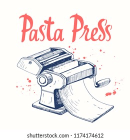 Vector illustration with pasta machine. Sketch design. Italian homemade traditional food.