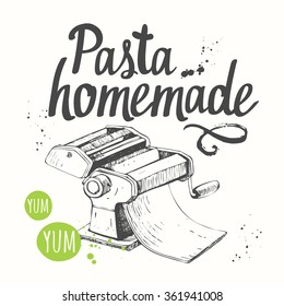 Ilustración vectorial con máquina de pasta. Diseño de esbozo. Equipamiento de cocina tradicional italiano casero sobre fondo blanco. 