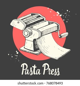 Vector illustration with pasta machine. Sketch design. Italian homemade traditional food.