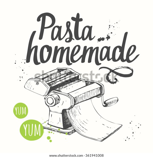 Vector illustration with pasta machine. Sketch design.\
Italian homemade traditional kitchen equipment on white background.\
