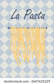 Vector illustration of pasta on blue with white in rhombus background, Italian food