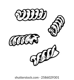 Vector illustration of a pasta set in black and white. Hand drawn sketch featuring macaroni, fusilli, rotini, and girandole. For culinary, food designs. With a white isolated background