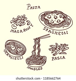 Vector illustration. Pasta set line art. Doodle. Macaroni. Noodles. Spaghetti. Vermicelli.