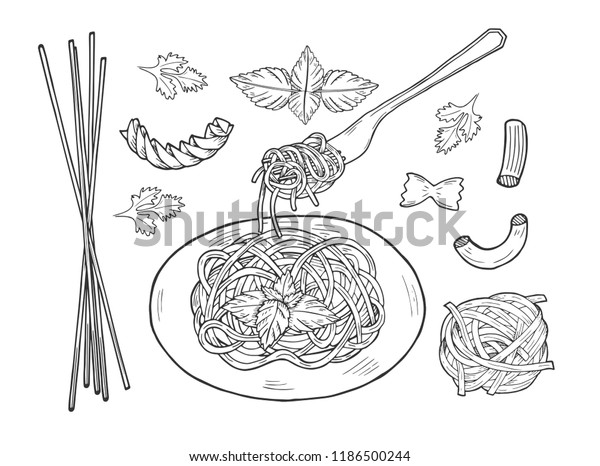 Vector\
illustration of a pasta set. Plate and fork with spaghetti\
macaroni, bow or butterfly, farfalle, nest, fusilli, tortiglioni,\
rigatoni. Vintage hand drawn engraving\
style.