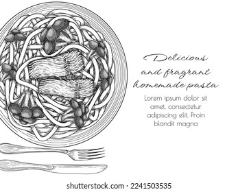 Vector illustration of pasta tagliatelle with salmon and broccoli in engraving style