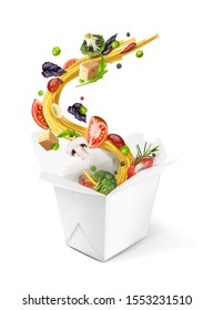 Vector Illustration Of Pasta With Vegetables In Wok Box