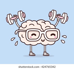 Vector illustration of pastel color smile pink brain with glasses lifts with dumbbells on blue background. Fitness cartoon brain concept. Doodle style. Thin line art flat design of brain for sport