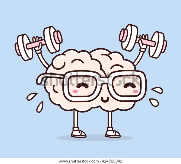 Vector illustration of pastel color smile pink brain with glasses lifts with dumbbells on blue background. Fitness cartoon brain concept. Doodle style. Thin line art flat design of brain for sport