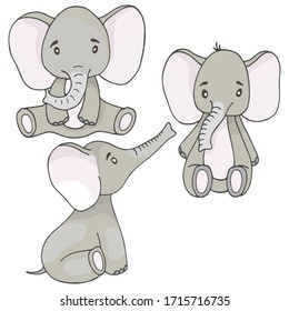vector illustration, in pastel colored cartoon style, set of elephants, baby drawing, stylized fairy animal, isolate on a white background